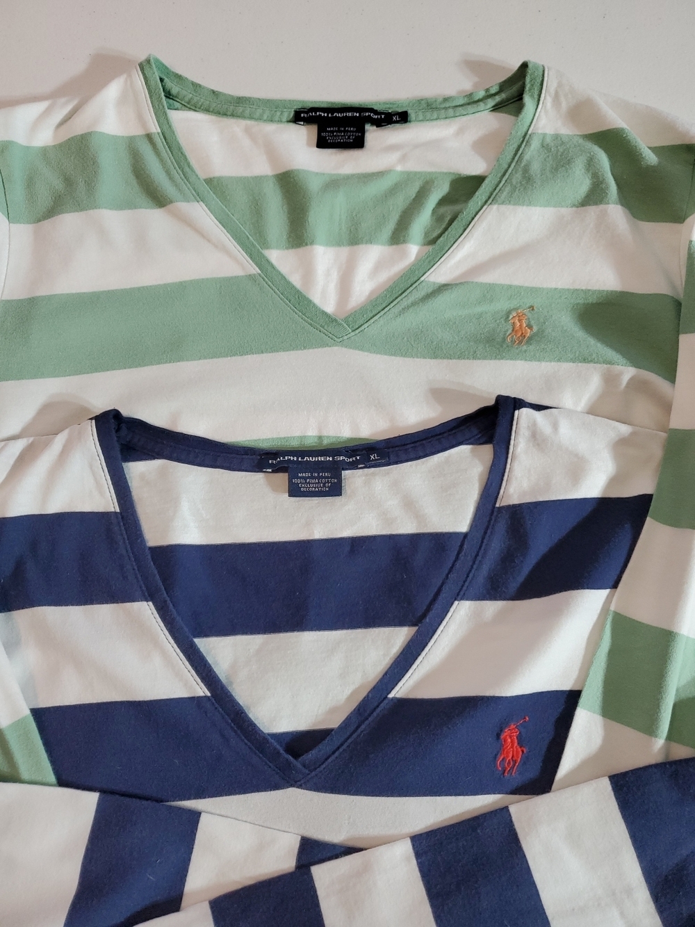 Lot Of 2 Womens Ralph Lauren Sport XL Striped Long Sleeve V-Neck Top Pony Logo